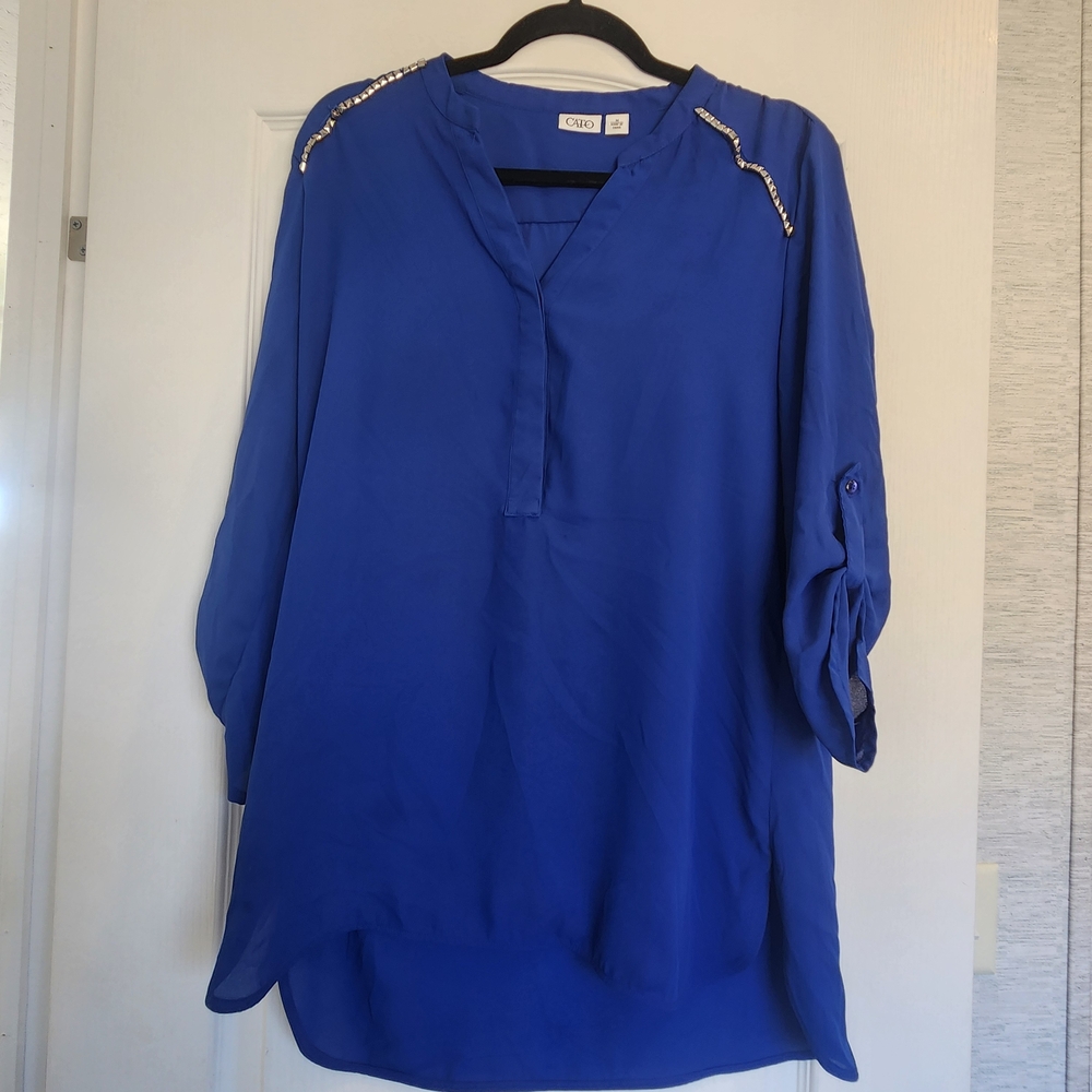 Cato Royal Blue Beaded Shoulder Tunic Top M Euc